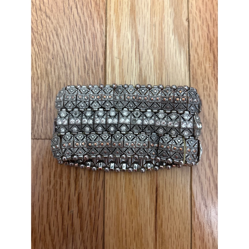 Vintage Style Silver Tone Rhinestone Multi Row Stretch Cuff Bracelet Art Deco - Picture 3 of 4
